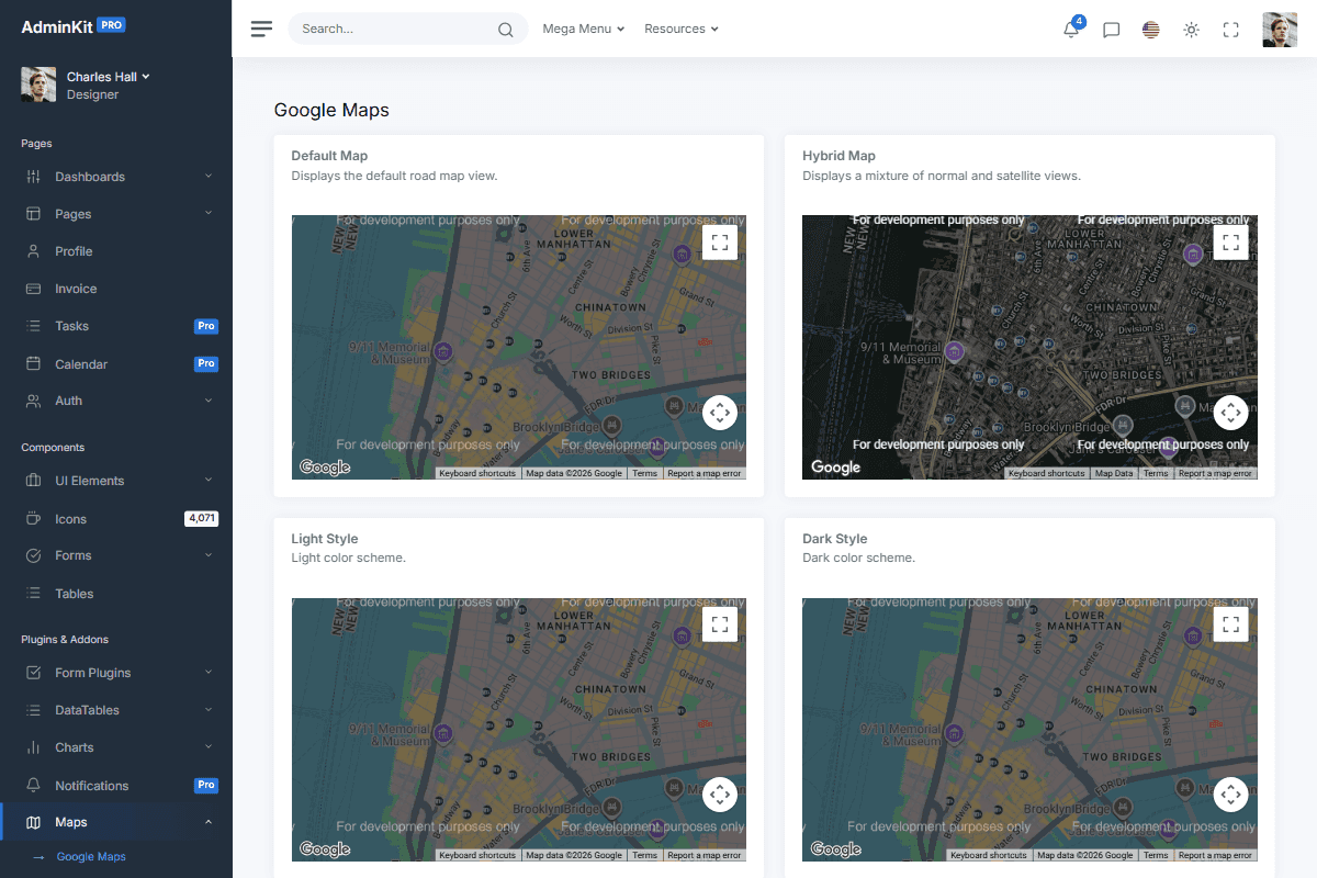 Google Maps Admin & Dashboard Template