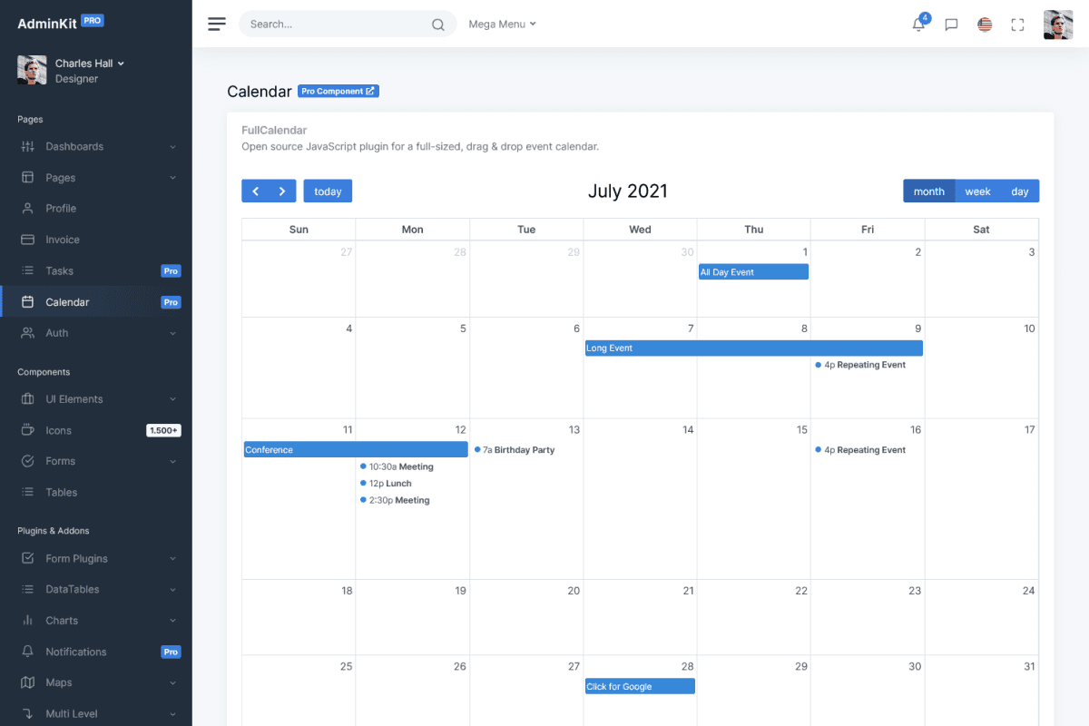 FullCalendar Admin & Dashboard Template