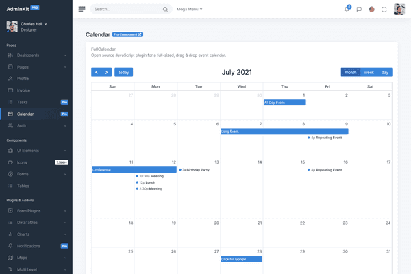 FullCalendar Admin & Dashboard Template - AdminKit